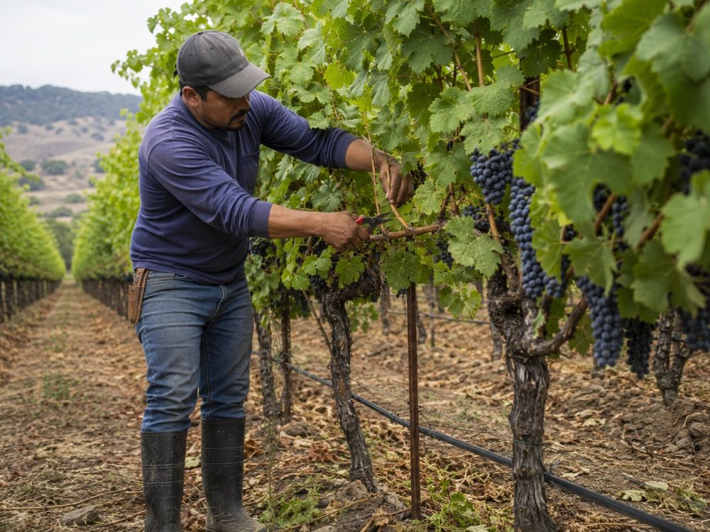 A farmer pruning a vine